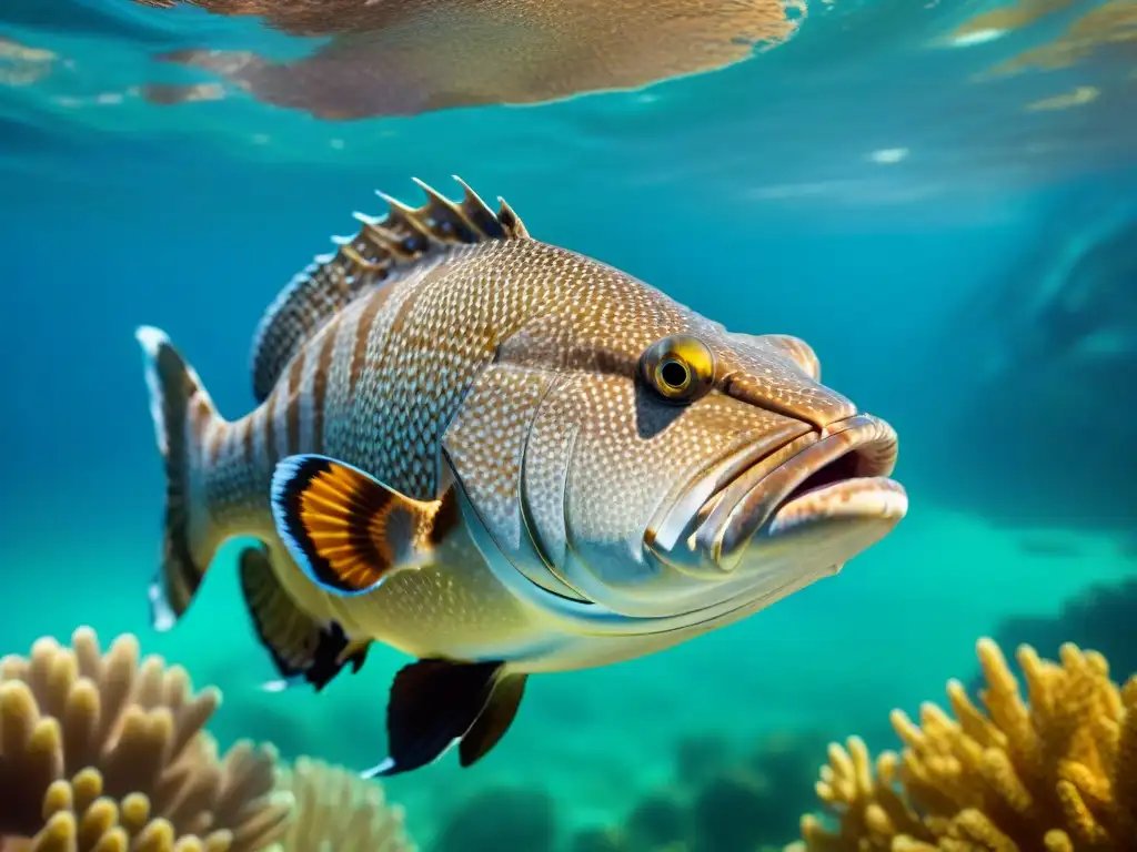 Majestuoso mero: Gigante Gentil Océano Plato, nadando entre peces coloridos en aguas cristalinas