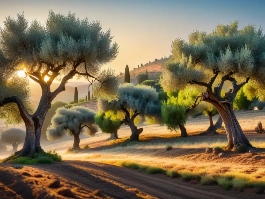 Un majestuoso olivar al atardecer, con olivos cargados de aceitunas maduras