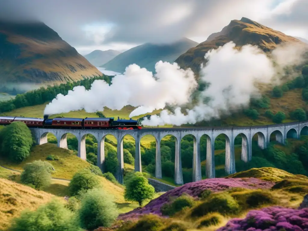 Un majestuoso viaducto en las Tierras Altas de Escocia con un tren de vapor pasando sobre él en una mañana brumosa