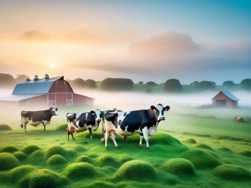 Manada de vacas Holstein pastando al amanecer en una granja lechera pintoresca, con un establo de madera y luz dorada filtrándose entre la niebla matutina, ideal para leche para quesos calidad superior