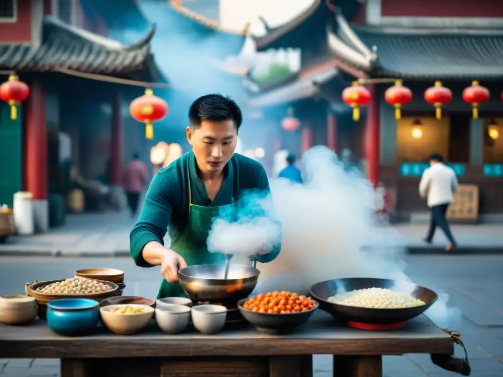 Mañana en China: vendedor callejero preparando congee en bulliciosa calle, desayuno de campeones