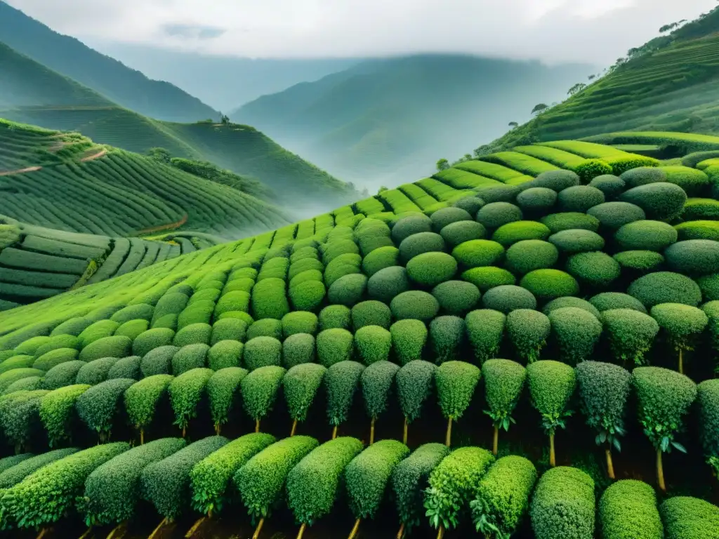 Plantación de té en la mañana, hojas brillantes con rocío, recolectores seleccionando hojas