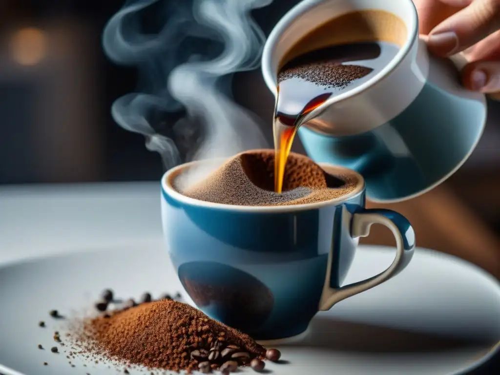 Mano vertiendo café molido en taza cerámica, preparándose para un catado café en casa principiantes