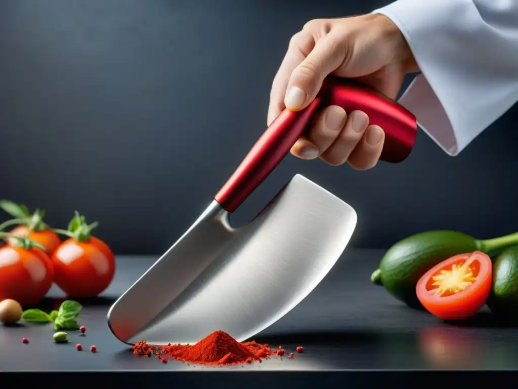 Mano de chef sostiene espátula de silicona roja en cocina brillante