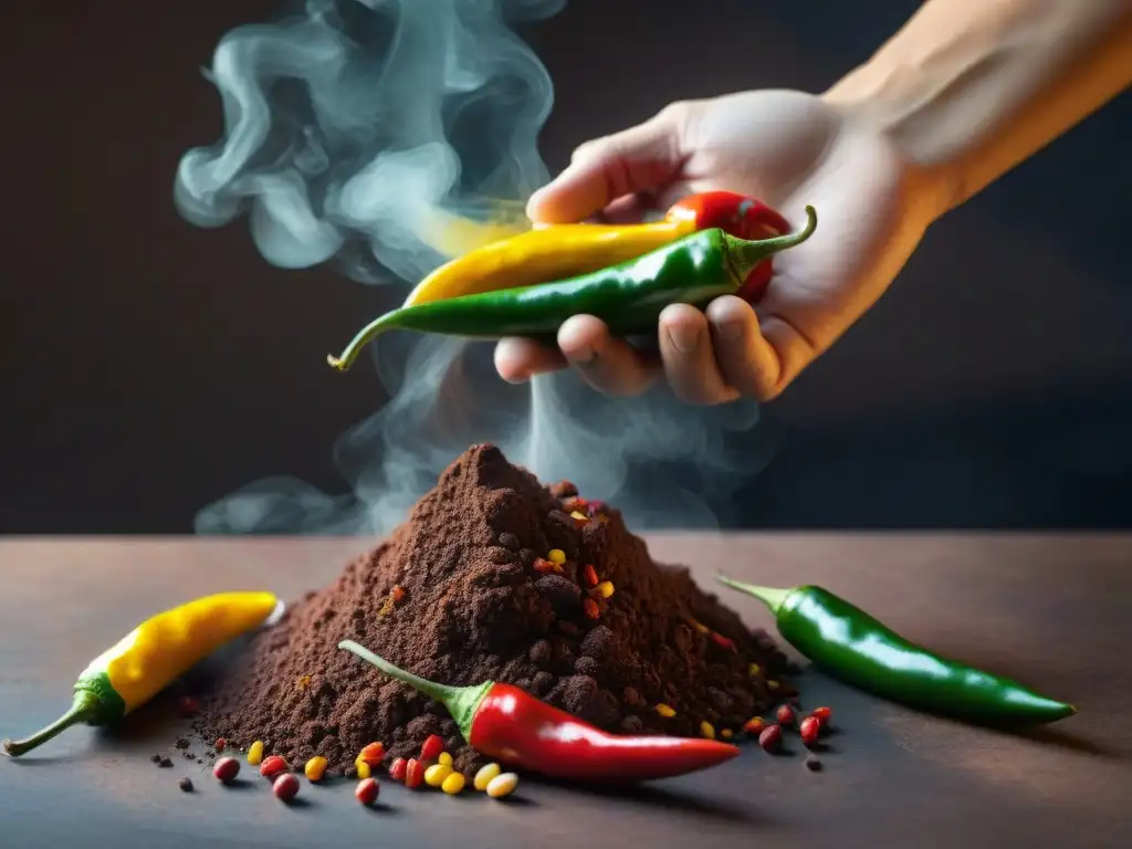 Mano esparciendo chiles sobre granos de cacao, resaltando la mezcla de ingredientes exóticos y gourmet en chocolate artesanal