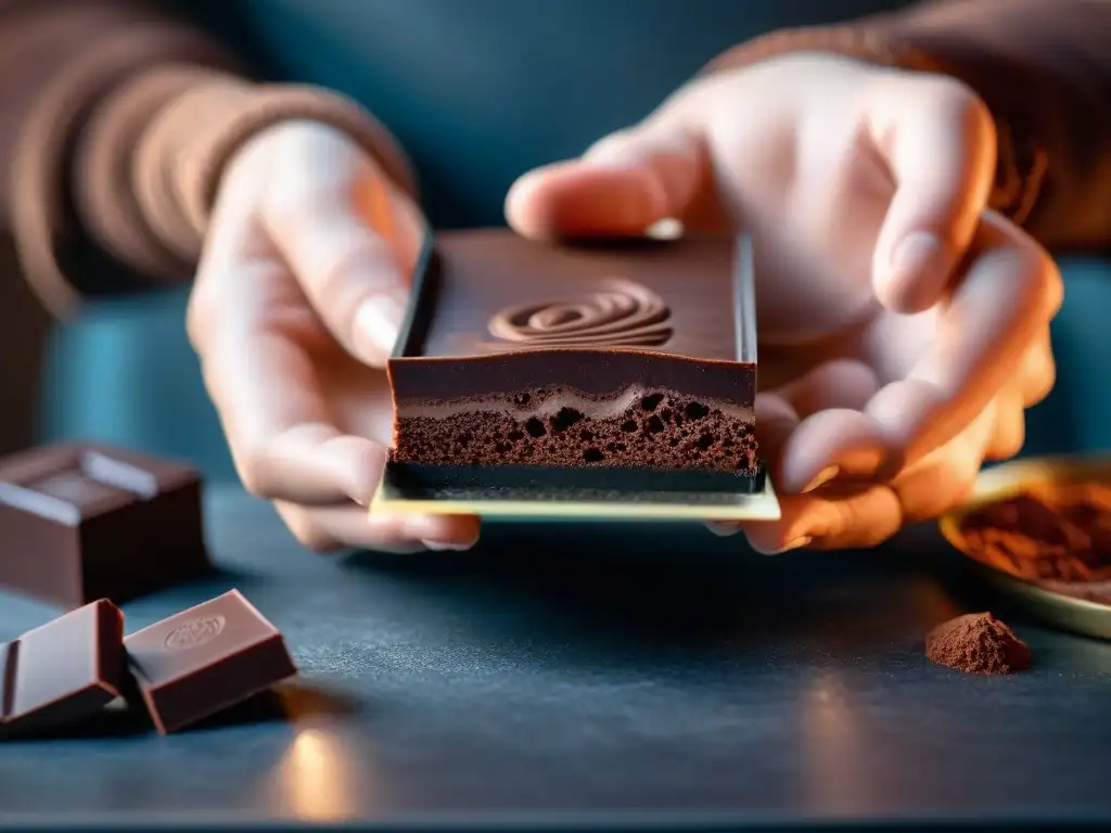 Mano rompiendo un exquisito chocolate artesanal, destacando su brillo y detalles, identificar verdadero