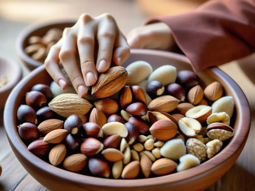 Mano seleccionando frutos secos de un tazón de madera con luz natural y ambiente mediterráneo