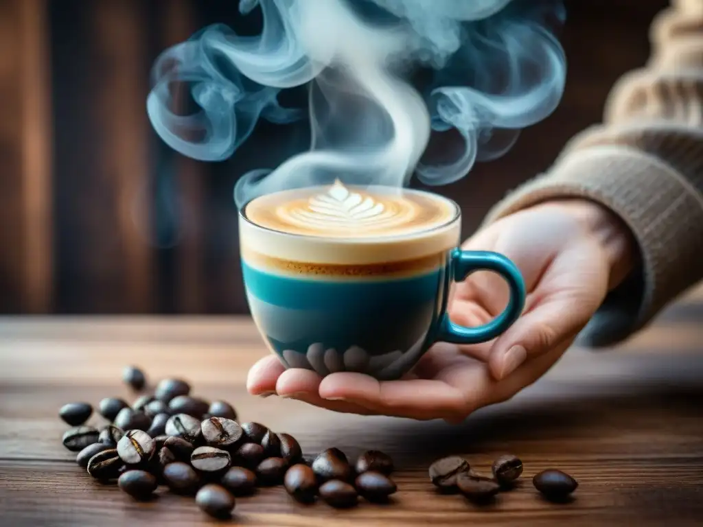 Mano sostiene taza de café recién hecho, con crema, vapor y granos de café, sobre mesa de madera rústica