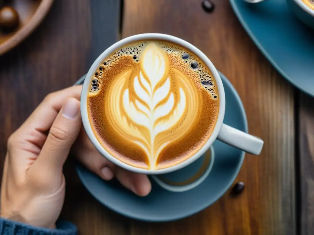 Mano sostiene taza de café especialidad recién hecho, mostrando crema dorada, vapor y mesa de madera