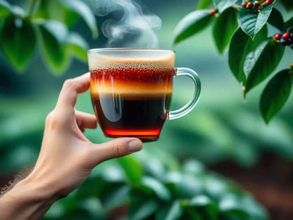 Mano sosteniendo una taza de café recién hecho con plantación de café al fondo, catado de café equilibrado perfecto