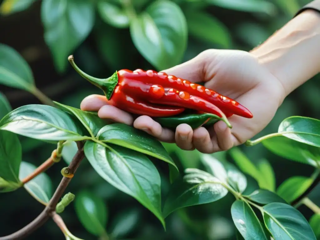 Una mano alcanza una vibrante pimienta roja Timut con gotas de agua