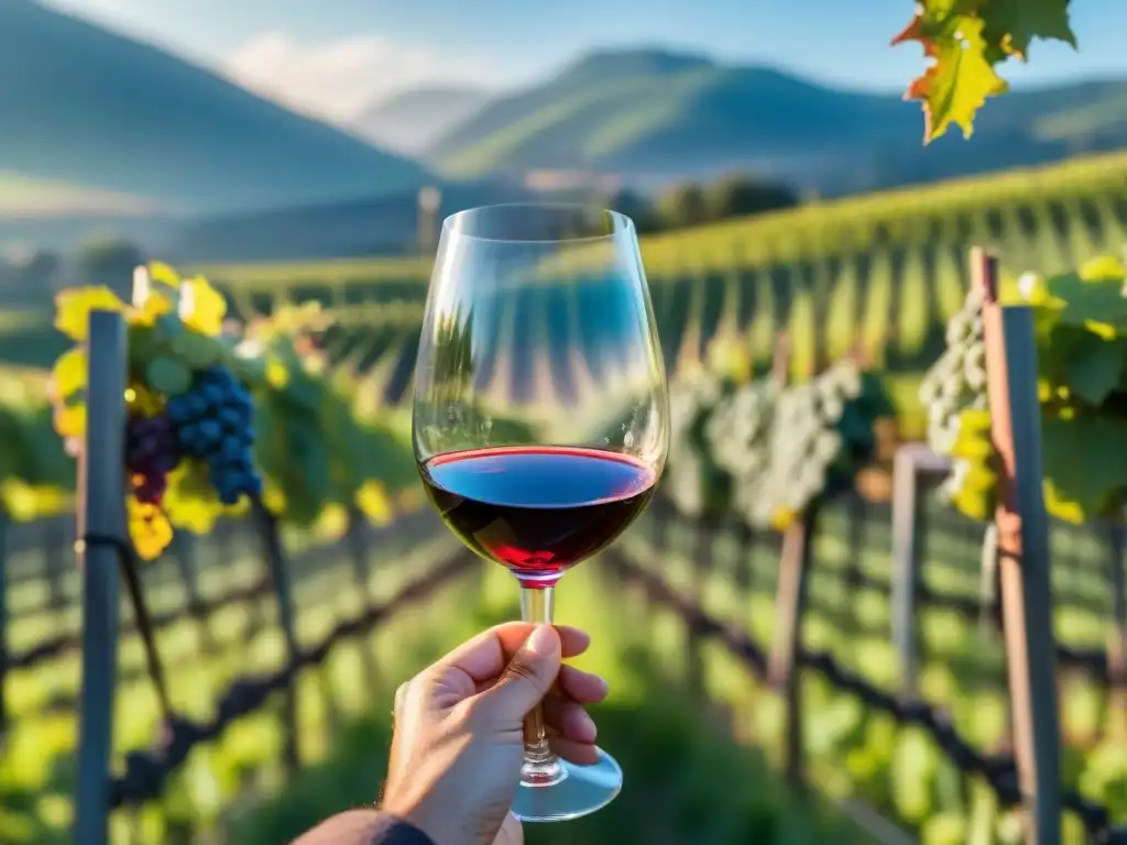 Mano sostiene copa de vino natural en viñedo bajo cielo azul