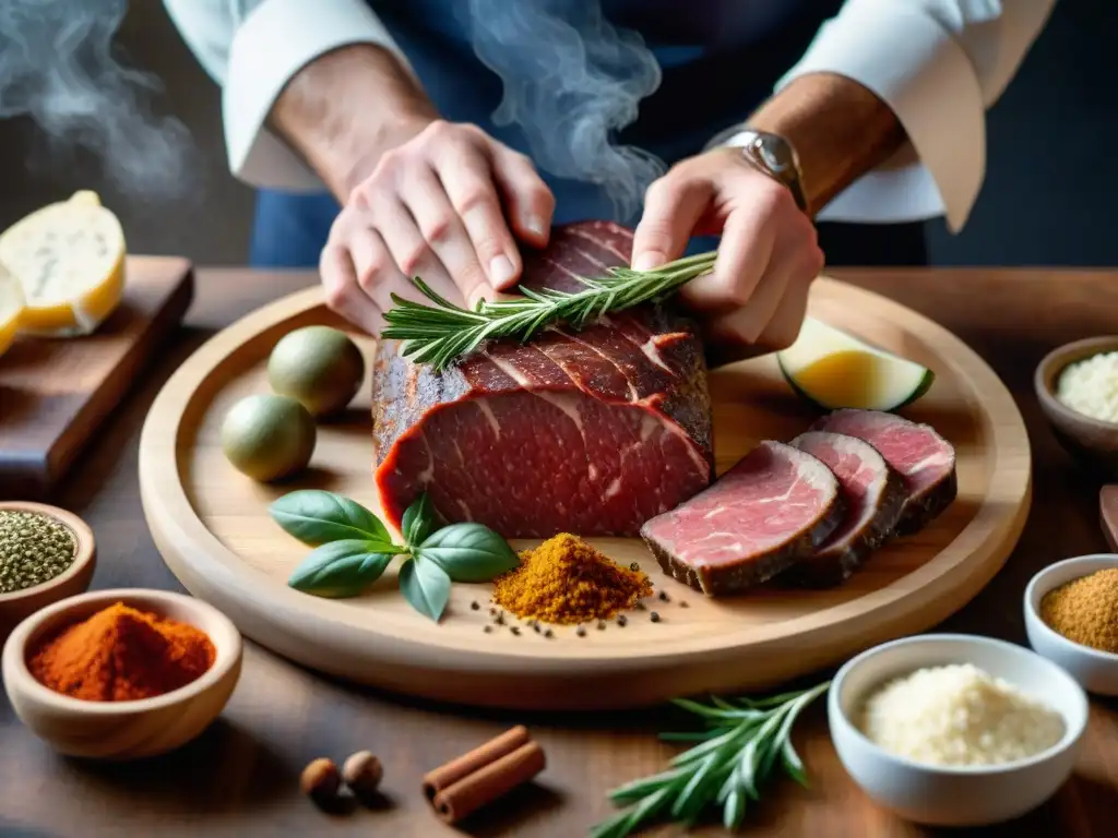 Unas manos de carnicero experto mezclando carne molida con especias en un tazón de madera