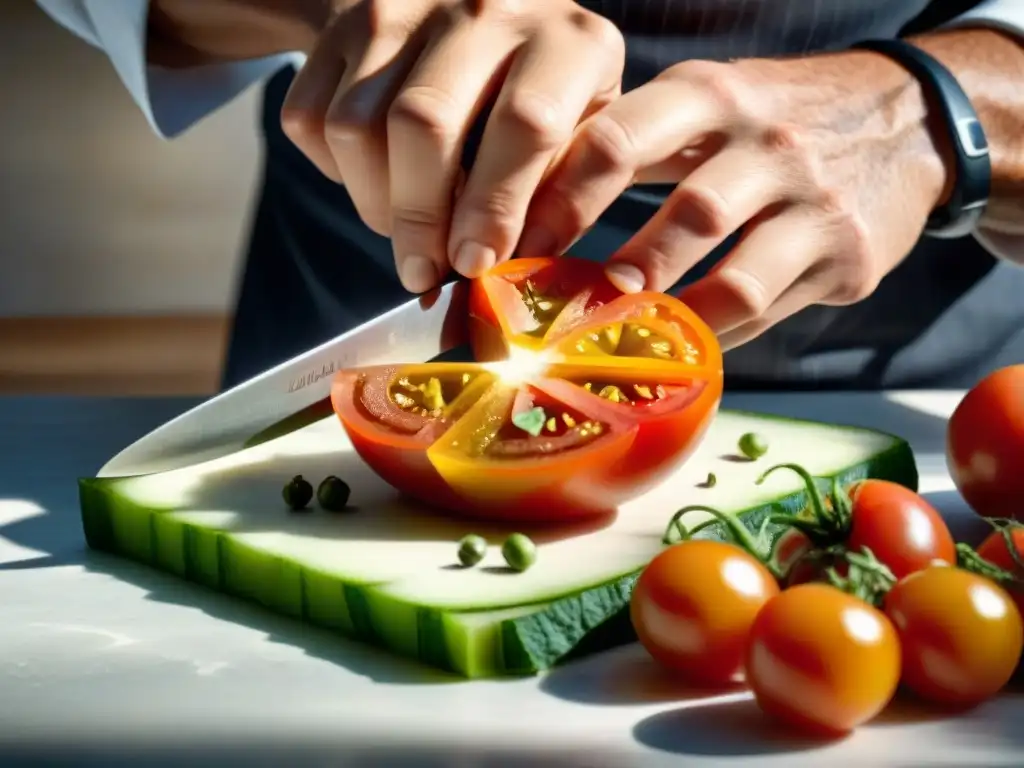 Las manos expertas de un chef gourmet cortando tomate, revelando ingredientes secretos y técnicas culinarias