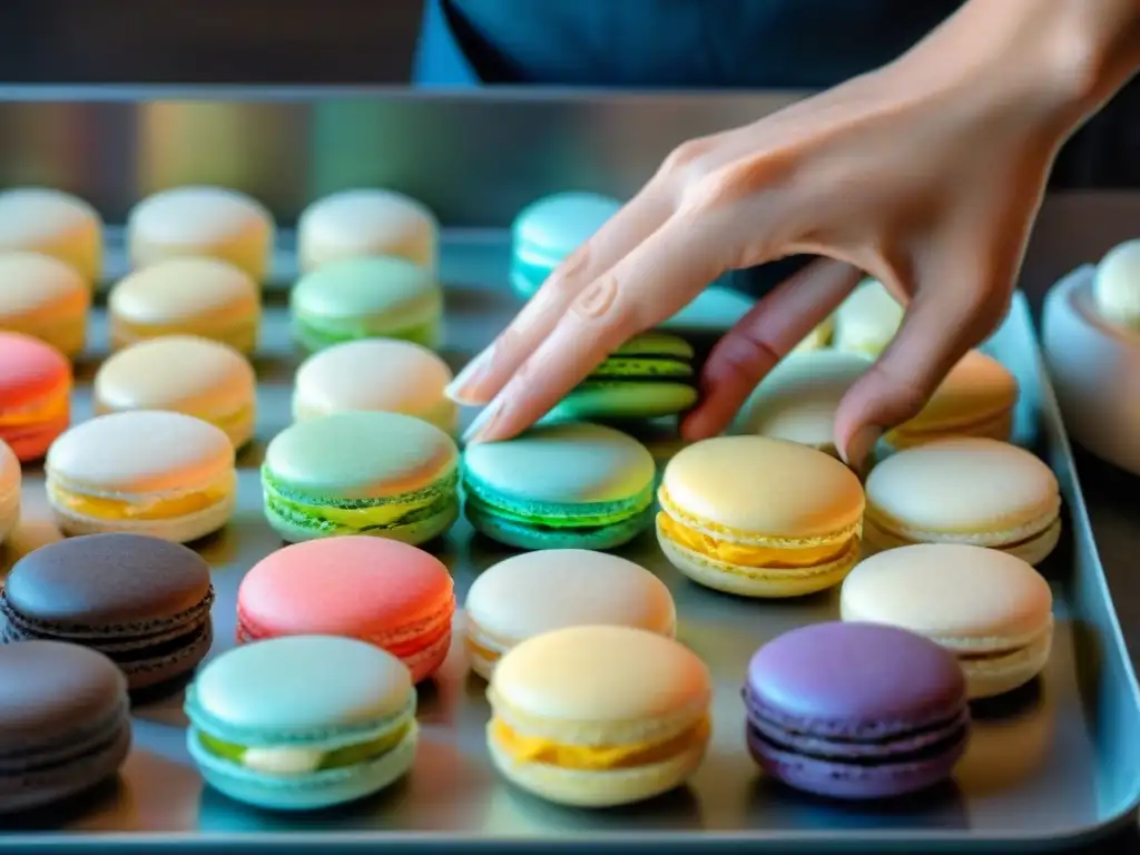 Las manos expertas del chef crean macarons perfectos