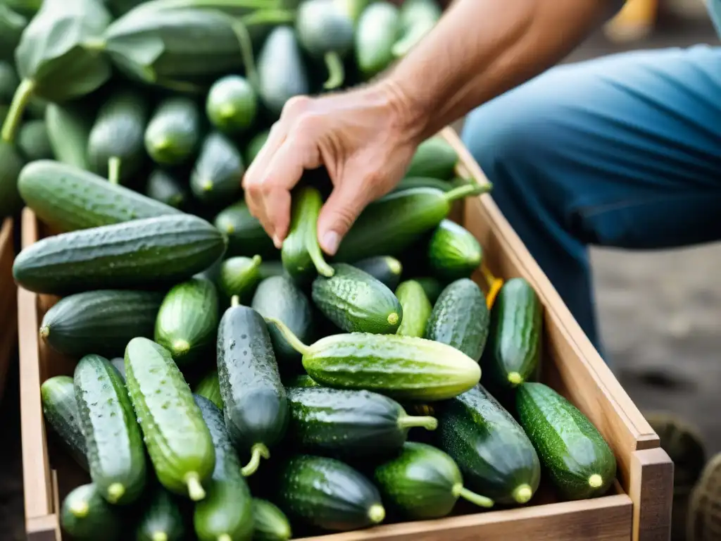 Manos expertas seleccionan con cuidado pepinos frescos en un mercado, capturando la esencia de los encurtidos gourmet: sabor tradición