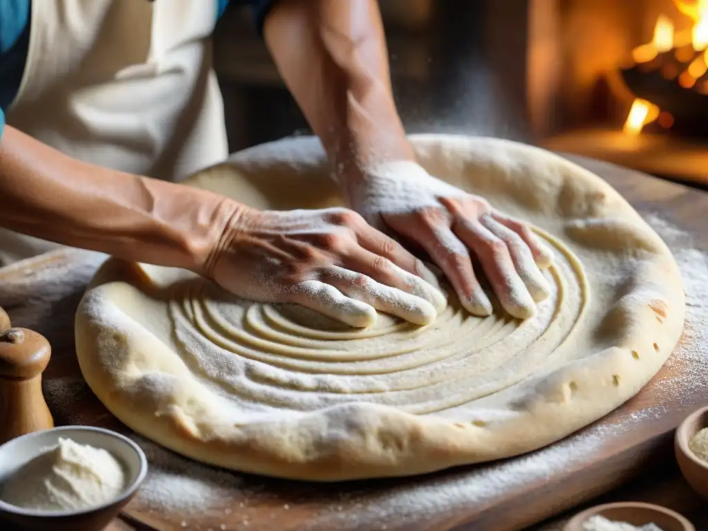 Manos expertas moldeando masa de pan plano, técnicas tradicionales