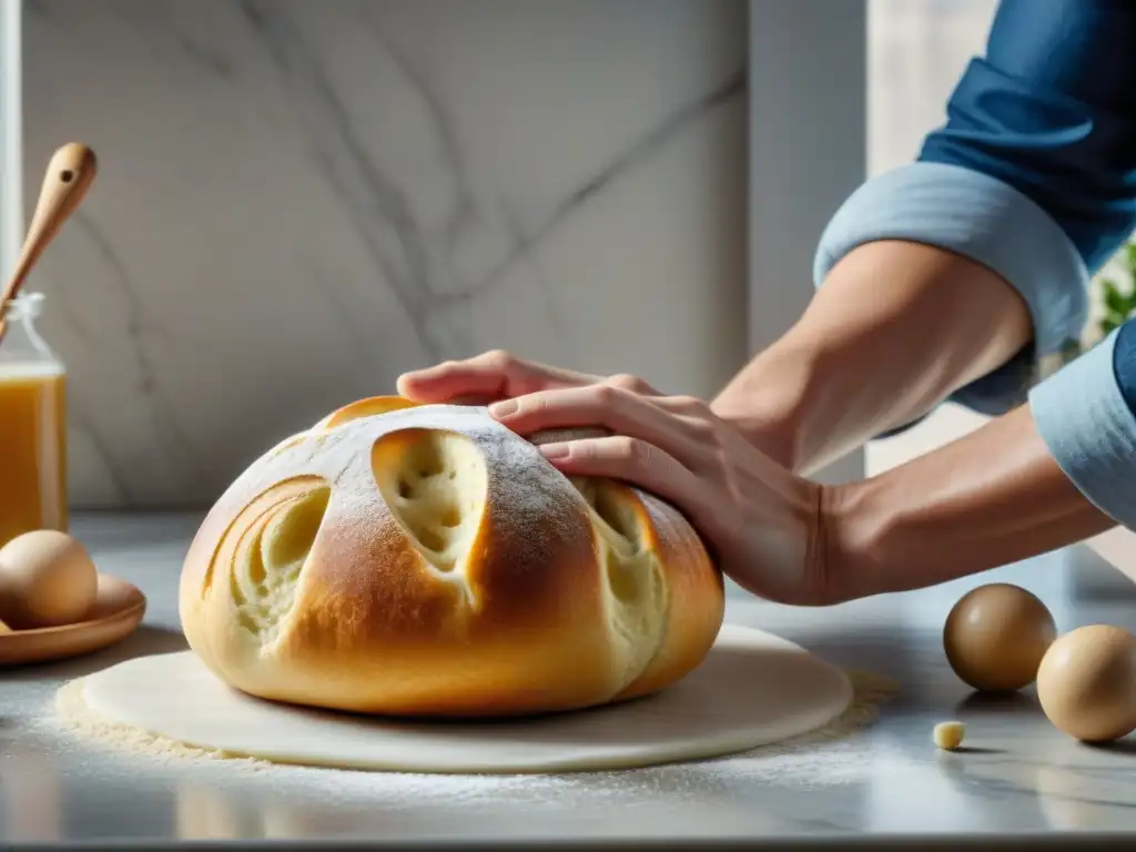 Unas manos expertas trabajan una masa de pan sobre una elegante encimera de mármol, mostrando técnicas avanzadas panadería profesionales aficionados