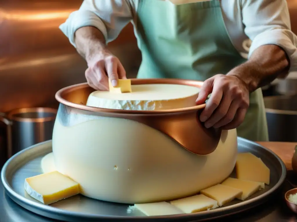 Manos expertas elaborando queso americano artesanal en un caldero de cobre, resaltando la artesanía gourmet