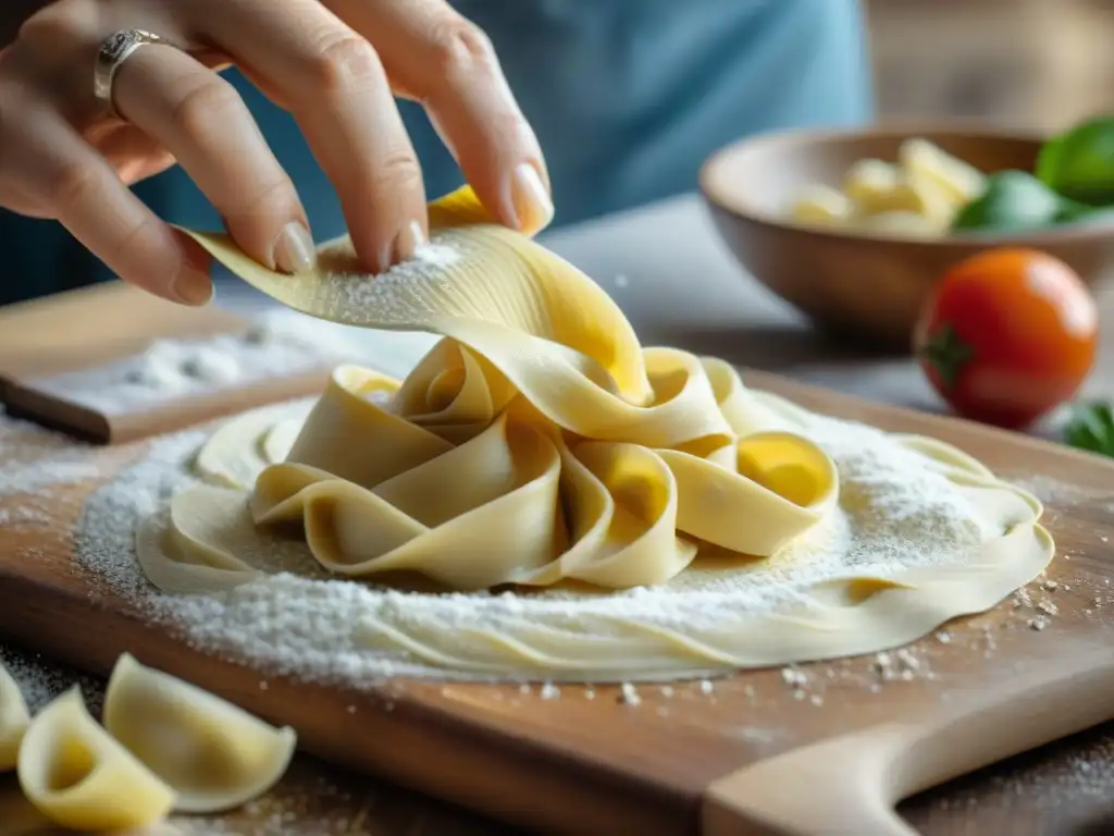 Manos expertas moldeando tortellini con tatuajes de ingredientes italianos en una escena de preparación auténtica pasta fresca italiana