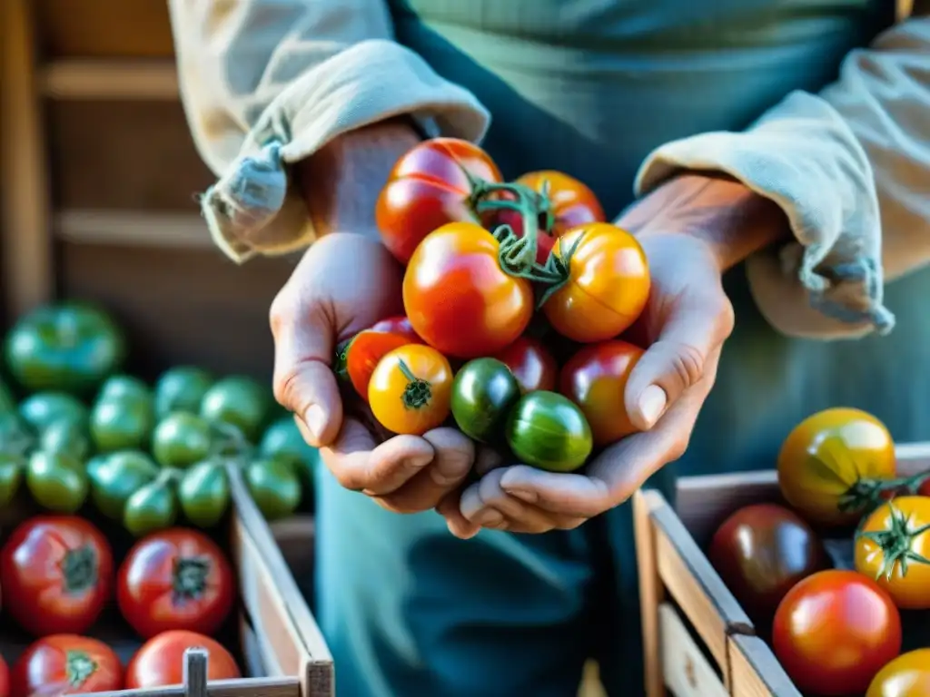 Manos de granjero europeo sostienen tomates, destacando la agricultura tradicional