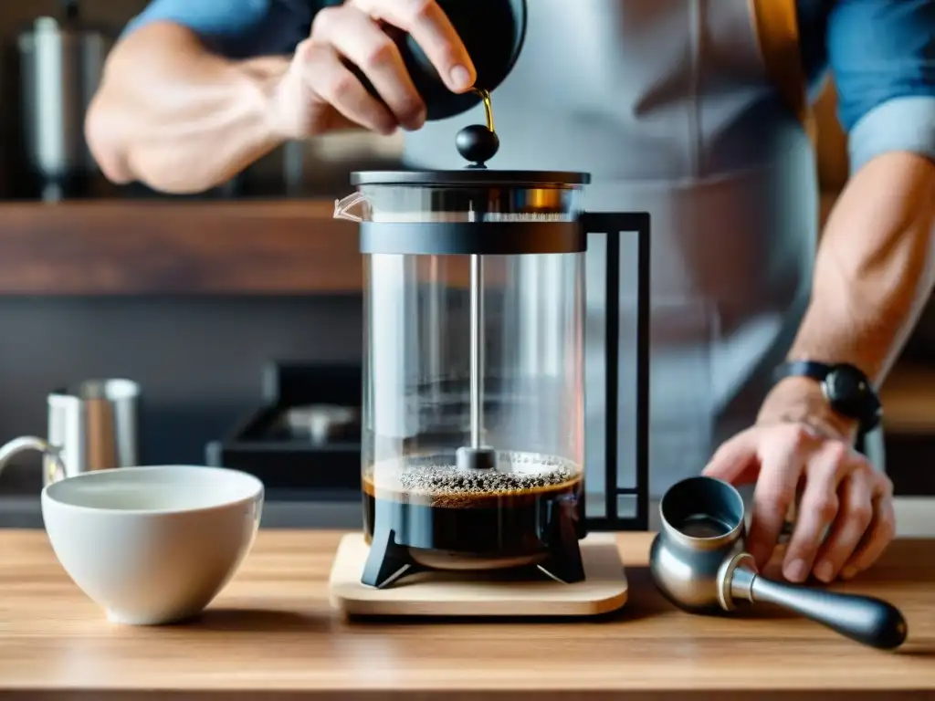 Unas manos hábiles ensamblan una prensa francesa casera con detalle y precisión en una mesa de madera, rodeadas de utensilios e ingredientes de café