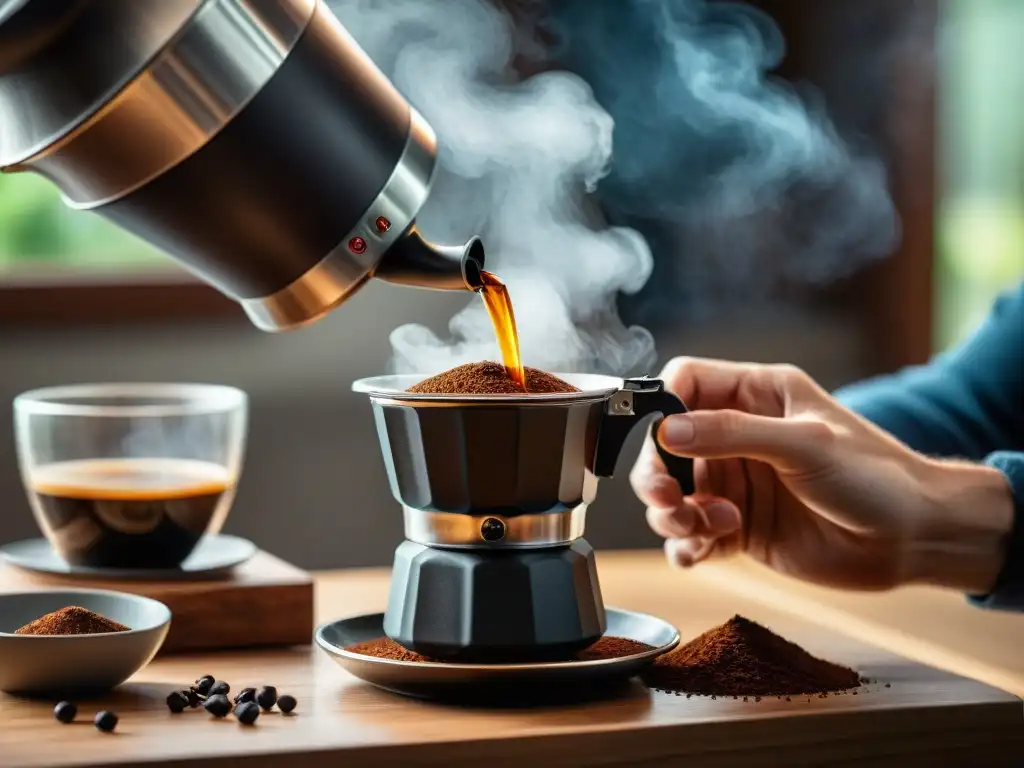 Manos montando una Moka Pot con detalle, café molido, agua y vapor, en acogedora cocina