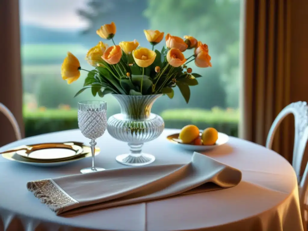 Manteles de lujo para celebraciones: Elegante mesa con mantel blanco y bordados dorados, vajilla fina y florero de cristal