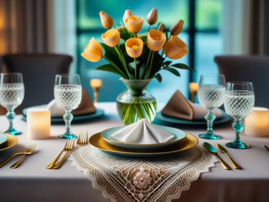 Manteles de lujo para celebraciones: mesa elegantemente puesta en evento lujoso con detalles encaje, vajilla fina y cristalería brillante