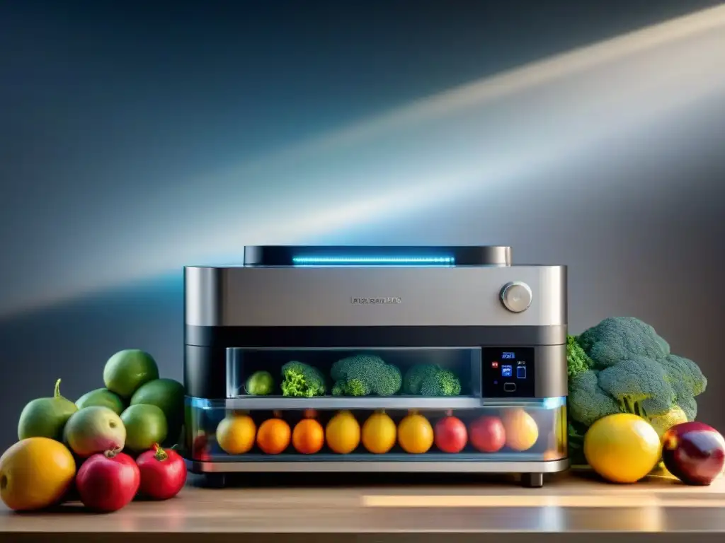 Una máquina de sellado al vacío conservando frutas y verduras con precisión y eficiencia