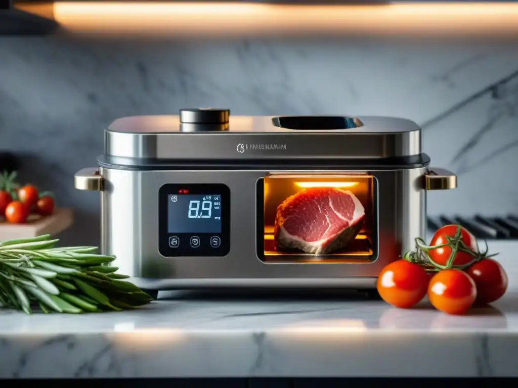 Una máquina sous vide de acero inoxidable sobre una elegante encimera de cocina de mármol, cocinando un suculento cordero mediterráneo