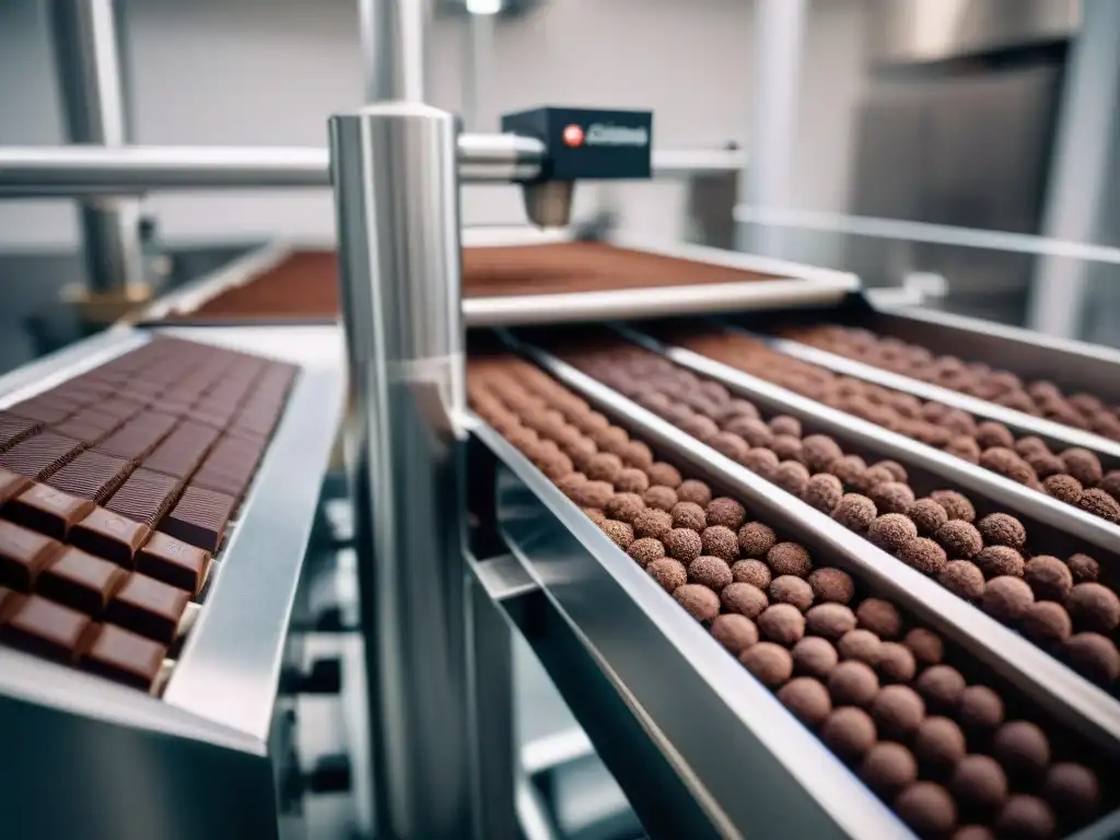 Una máquina de templado de chocolate de vanguardia en una fábrica artesanal, rodeada de granos de cacao y barras de chocolate