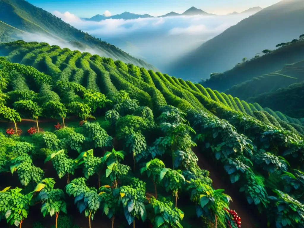 Maravillosas plantaciones de café, con el sol bañando en dorado las hojas verdes