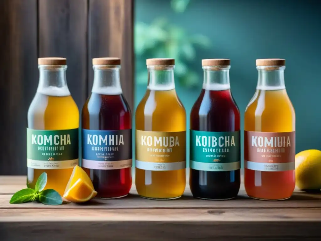 Marcas de Kombucha gourmet recomendadas: Botellas artesanales coloridas en mesa rústica con frutas frescas y hielo