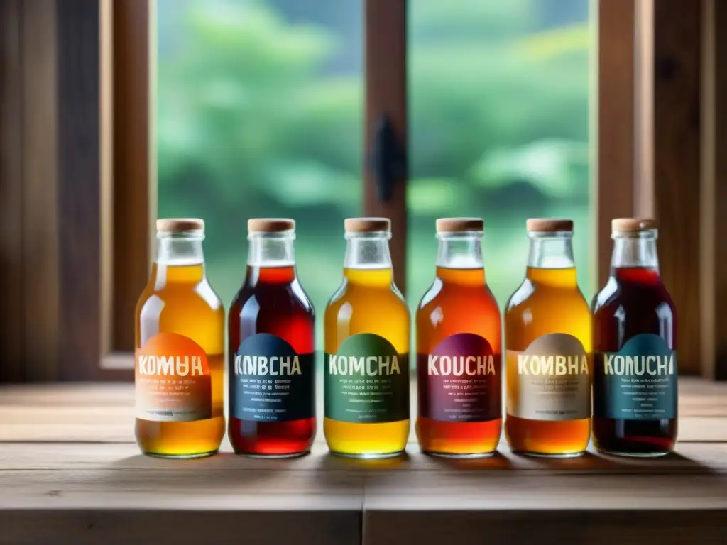 Marcas de Kombucha gourmet recomendadas: Botellas artesanales con etiquetas vibrantes y exóticos sabores, sobre mesa de madera