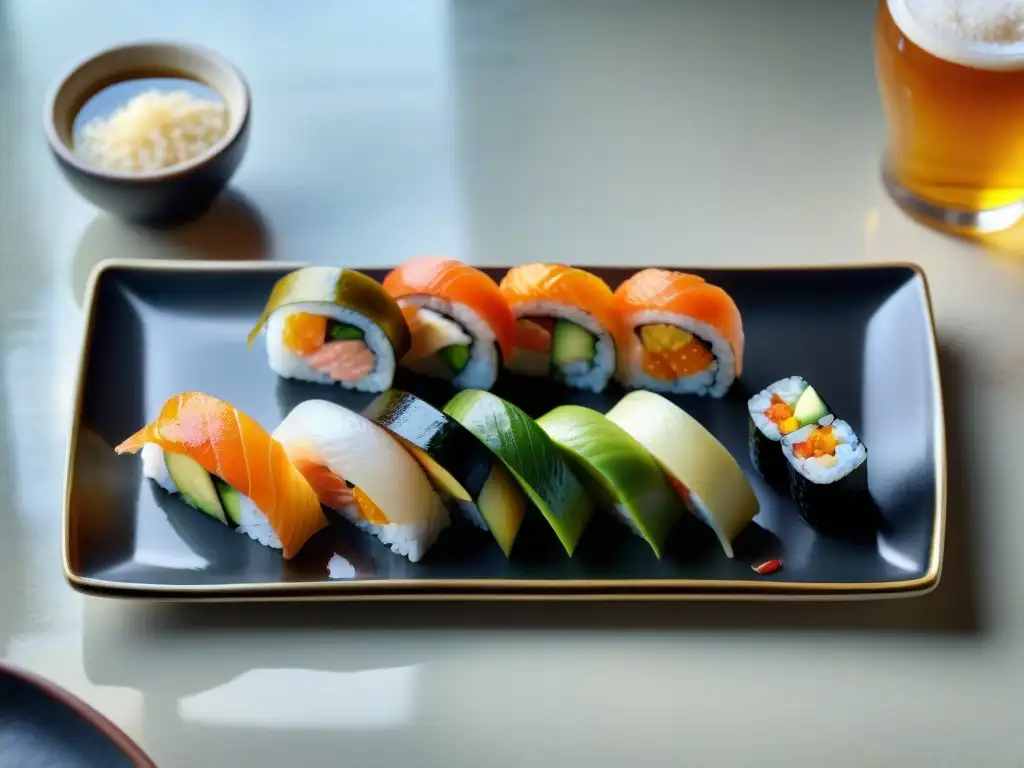 Maridaje de cerveza trigo sushi: Detalle ultra realista de sushi y cerveza trigo artesanal, creando una combinación exquisita