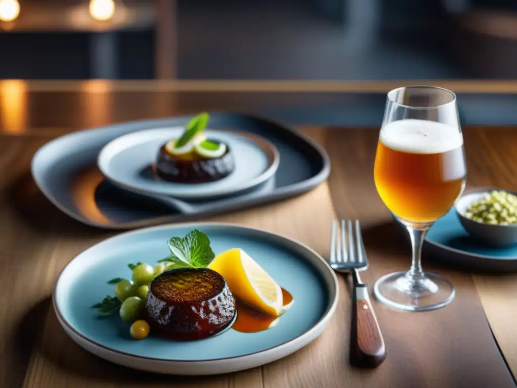 Un maridaje de cervezas artesanales y cocina al vacío en una mesa elegante y sofisticada