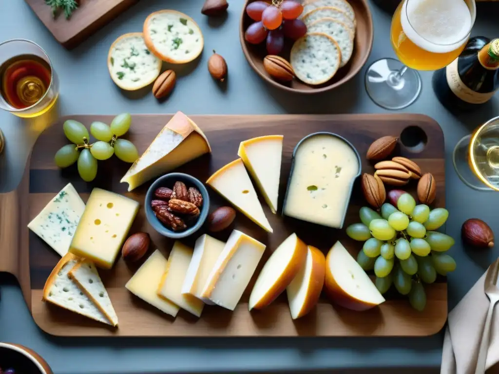 Un maridaje de cervezas artesanales gourmet con tabla de quesos, embutidos y frutas