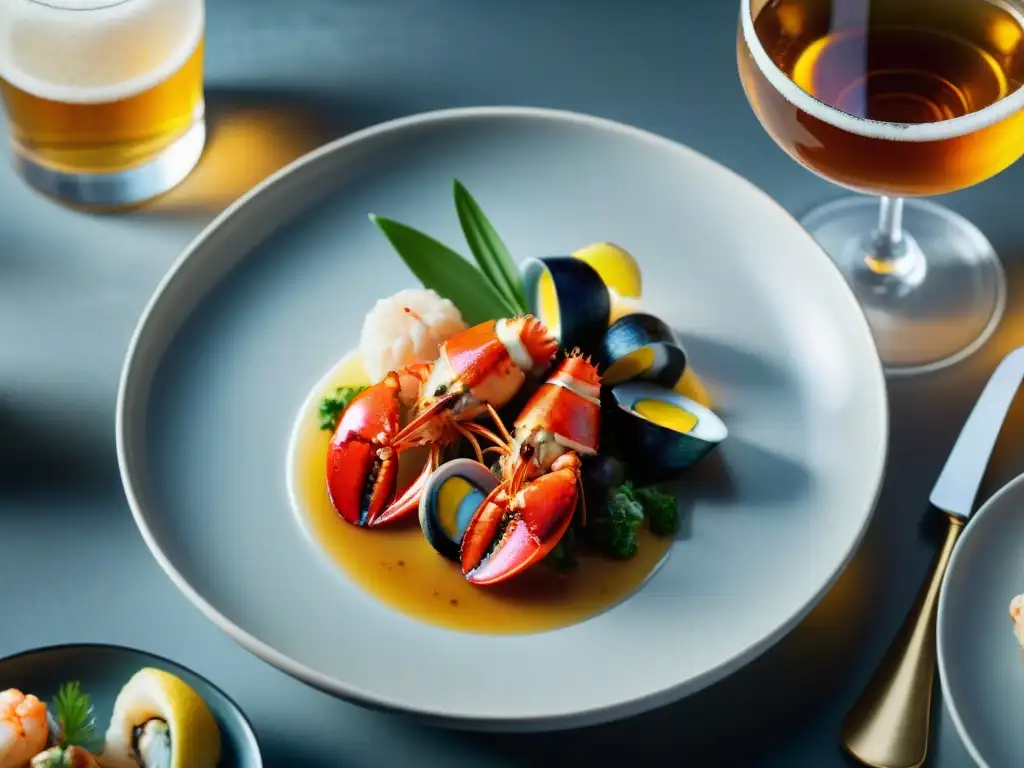 Maridaje de cervezas y pescados gourmet en una elegante presentación culinaria