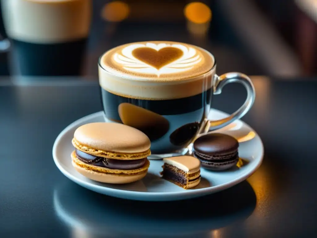 Maridaje café gourmet postres deliciosos: Detalle fotorealista de un exquisito macaron de espresso con ganache y café con arte latte en elegante café