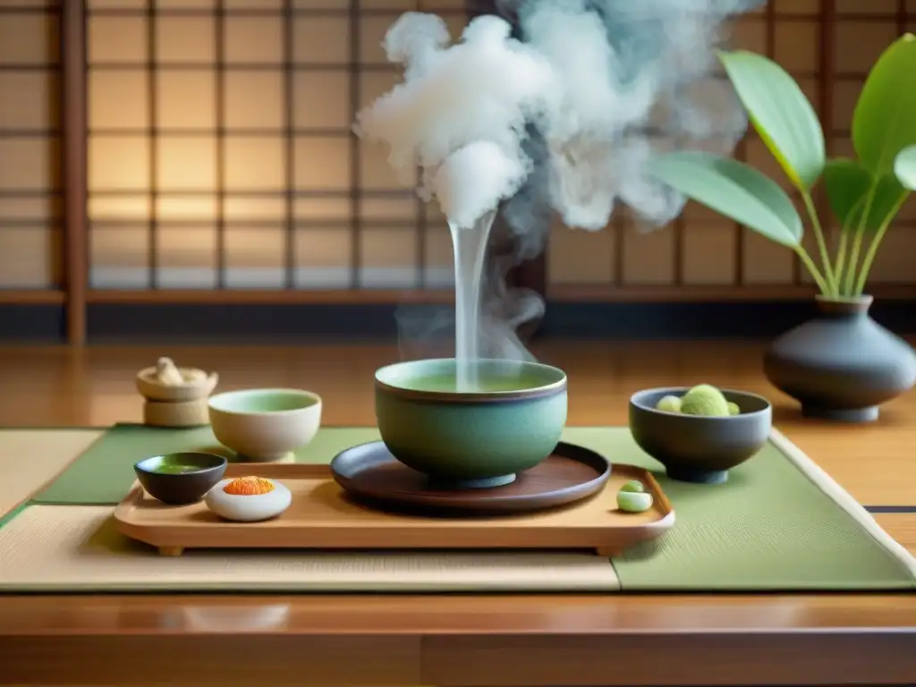 Maridaje de té en gastronomía: Imagen detallada de una ceremonia japonesa del té en una sala serena con jardín zen