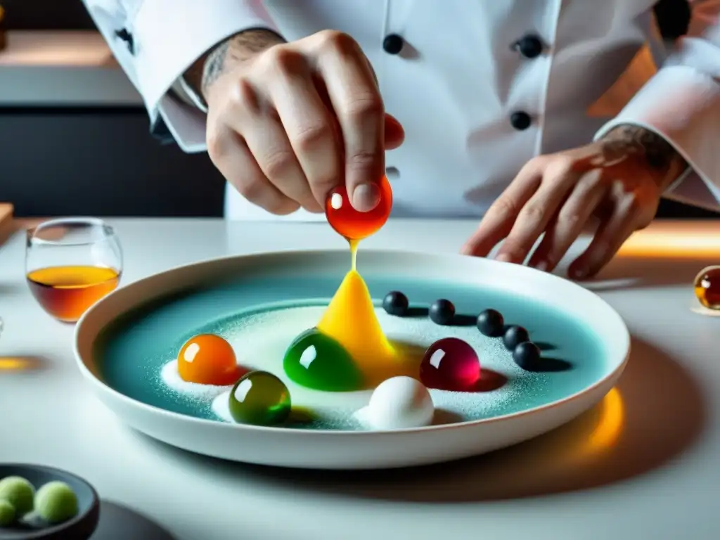 Maridaje molecular comida bebida perfecto: Chef creando obras culinarias coloridas con precisión en plato moderno