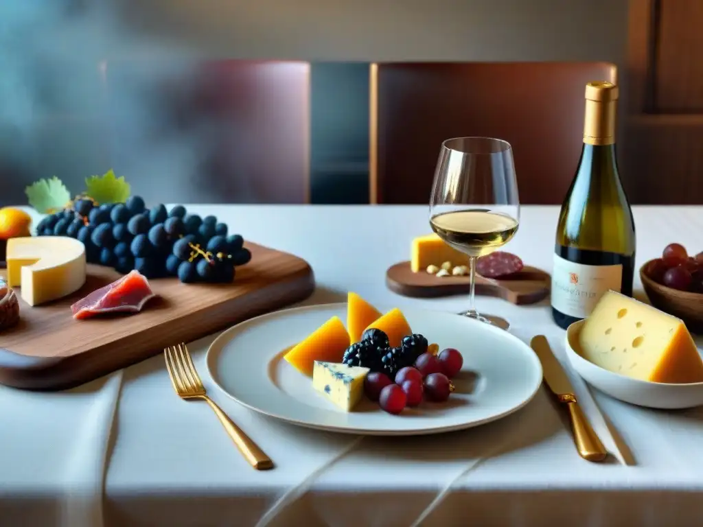 Maridaje perfecto comida vinos: Mesa elegante con copas de vino, quesos y frutas gourmet en un ambiente sofisticado