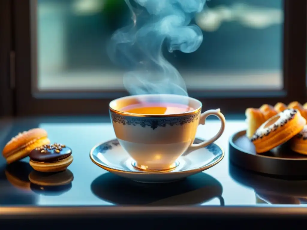 Maridaje perfecto té postre: una escena de porcelana exquisitamente detallada con taza de té humeante y postres decadentes en elegante presentación, bañados por una cálida luz