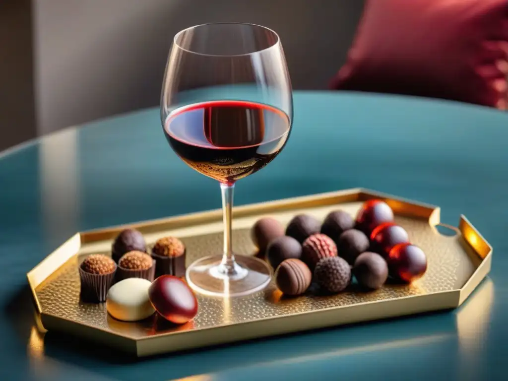 Maridaje perfecto: copa de vino tinto y finos chocolates artesanales en elegante presentación