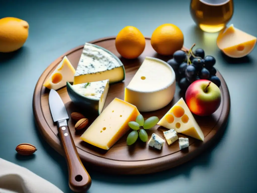 Un maridaje perfecto de quesos europeos y cervezas: Brie, Gouda, Roquefort y Manchego, acompañados de frutas, nueces y miel, en una tabla de madera