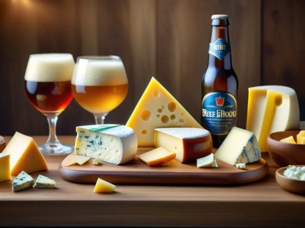 Maridaje perfecto de quesos europeos y cervezas: escena lujosa con Brie, Cheddar, Gouda y Roquefort junto a cervezas artesanales