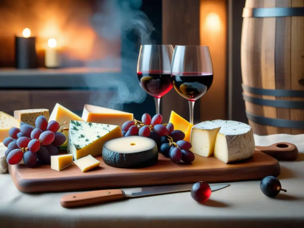 Un maridaje de quesos ahumados y vinos de cuerpo en elegante tabla de madera, en bodega iluminada con velas