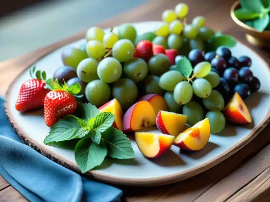 Maridaje de quesos, frutas y vinos florales en plato rústico con fresas, duraznos, uvas y kiwis, resplandeciendo frescura y deleite veraniego