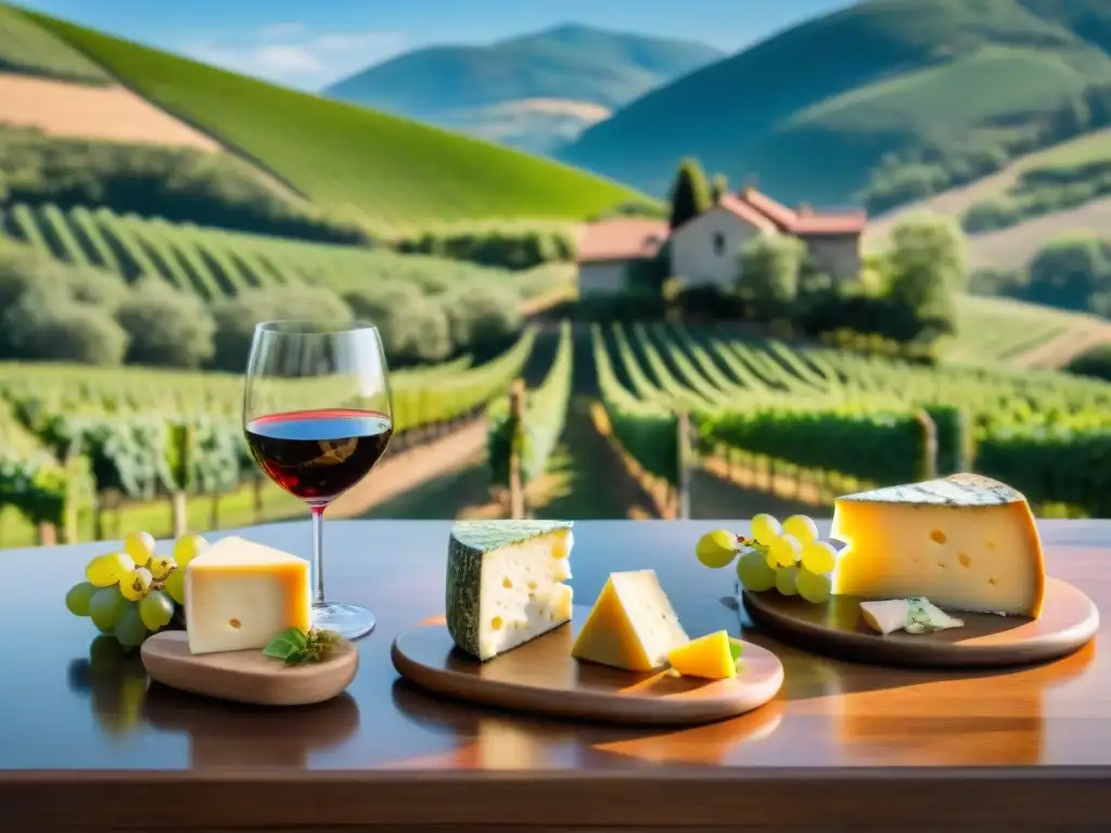 Maridaje de quesos y vinos en viñedo verde bajo cielo azul, naturaleza y placer